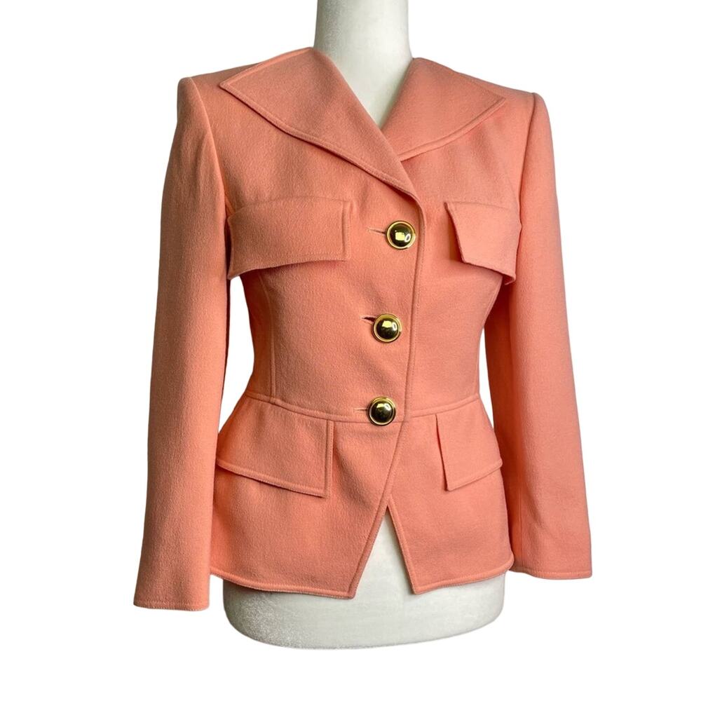 Valentino Boutique Coral Blazer Gold Buttons Orange Power Suit Jacket Vintage Sm